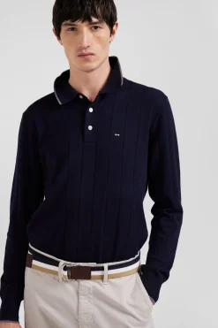 Regular navy blue cotton and cashmere jumper with rugby shirt collar
