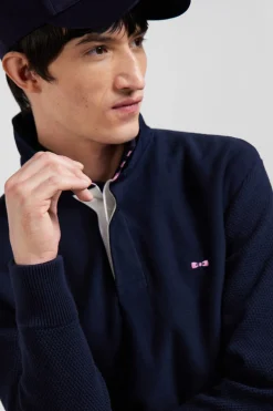 Regular navy blue cotton jumper with N°10 embroidery and rugby shirt collar