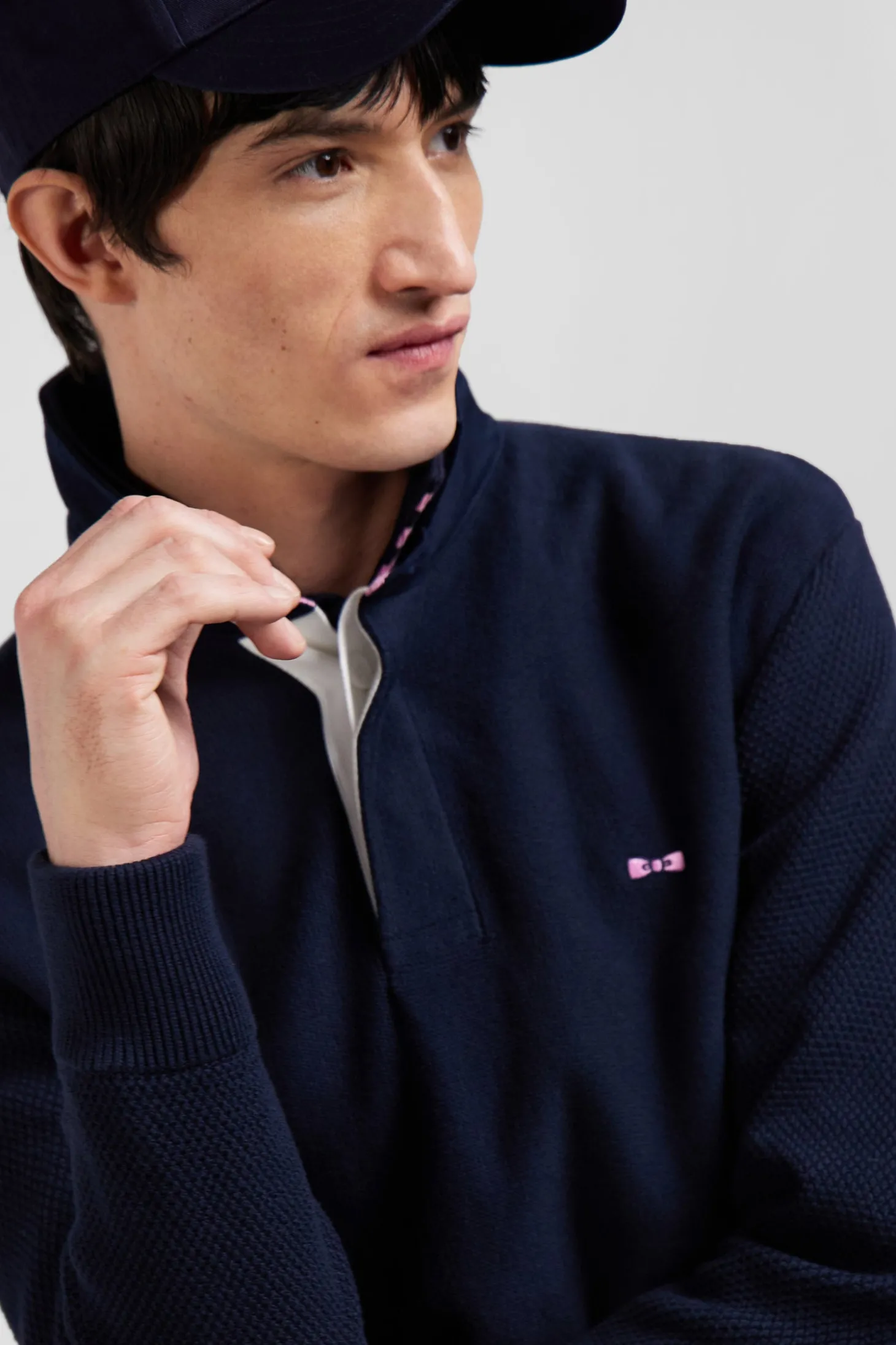 Regular navy blue cotton jumper with N°10 embroidery and rugby shirt collar