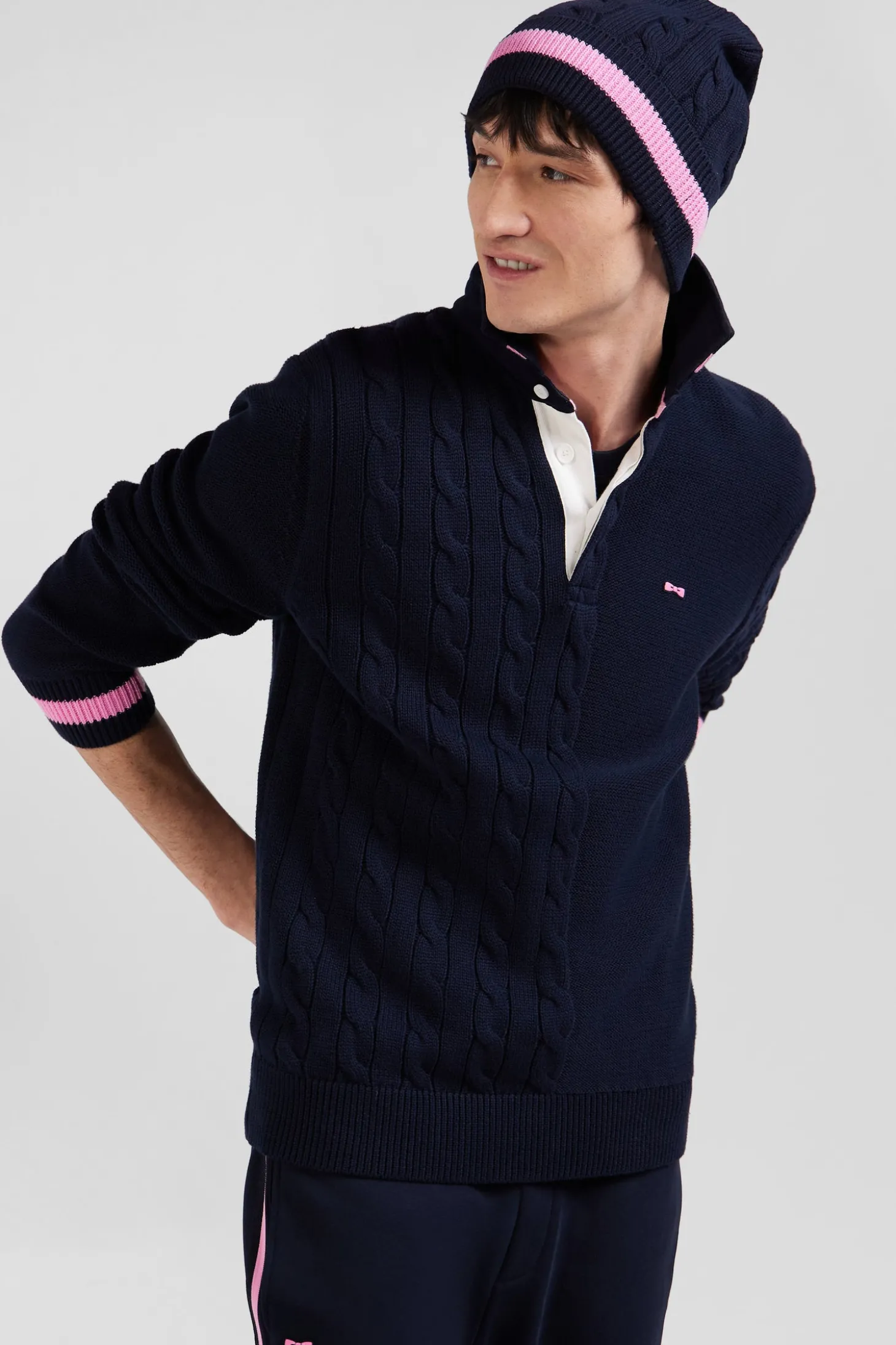 Regular navy blue cotton jumper with rugby shirt collar