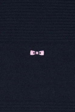 Regular navy blue cotton crew neck jumper with knit patterns