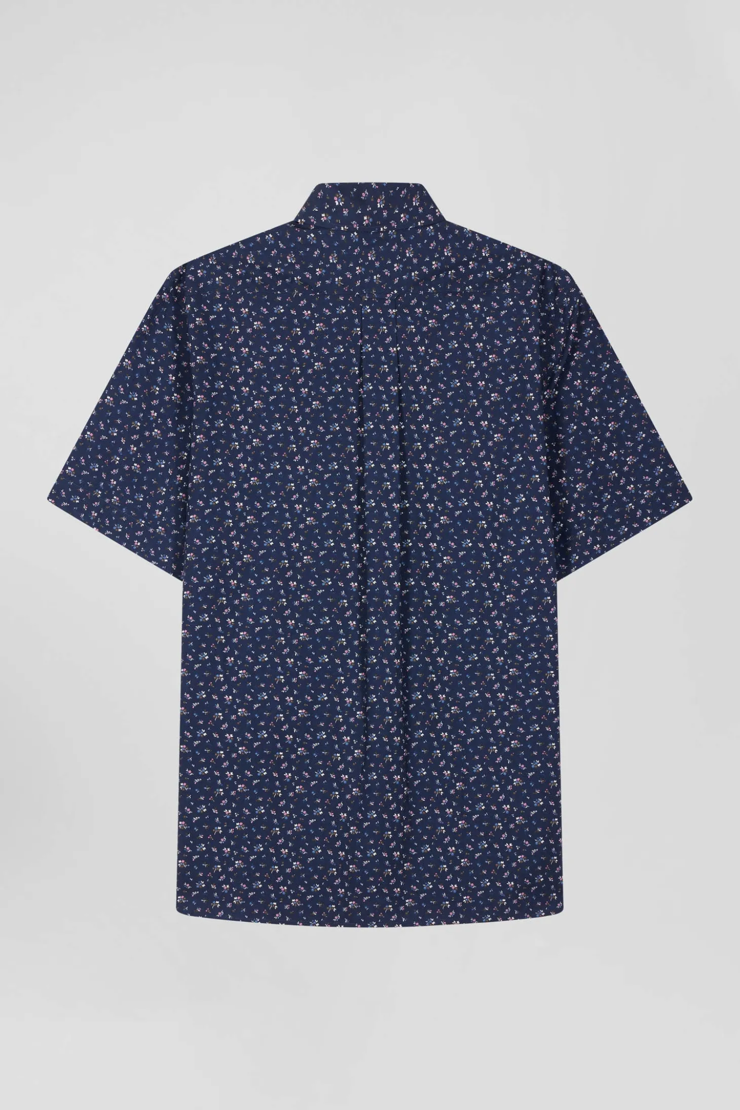 Regular navy blue cotton short-sleeved shirt with micro floral print
