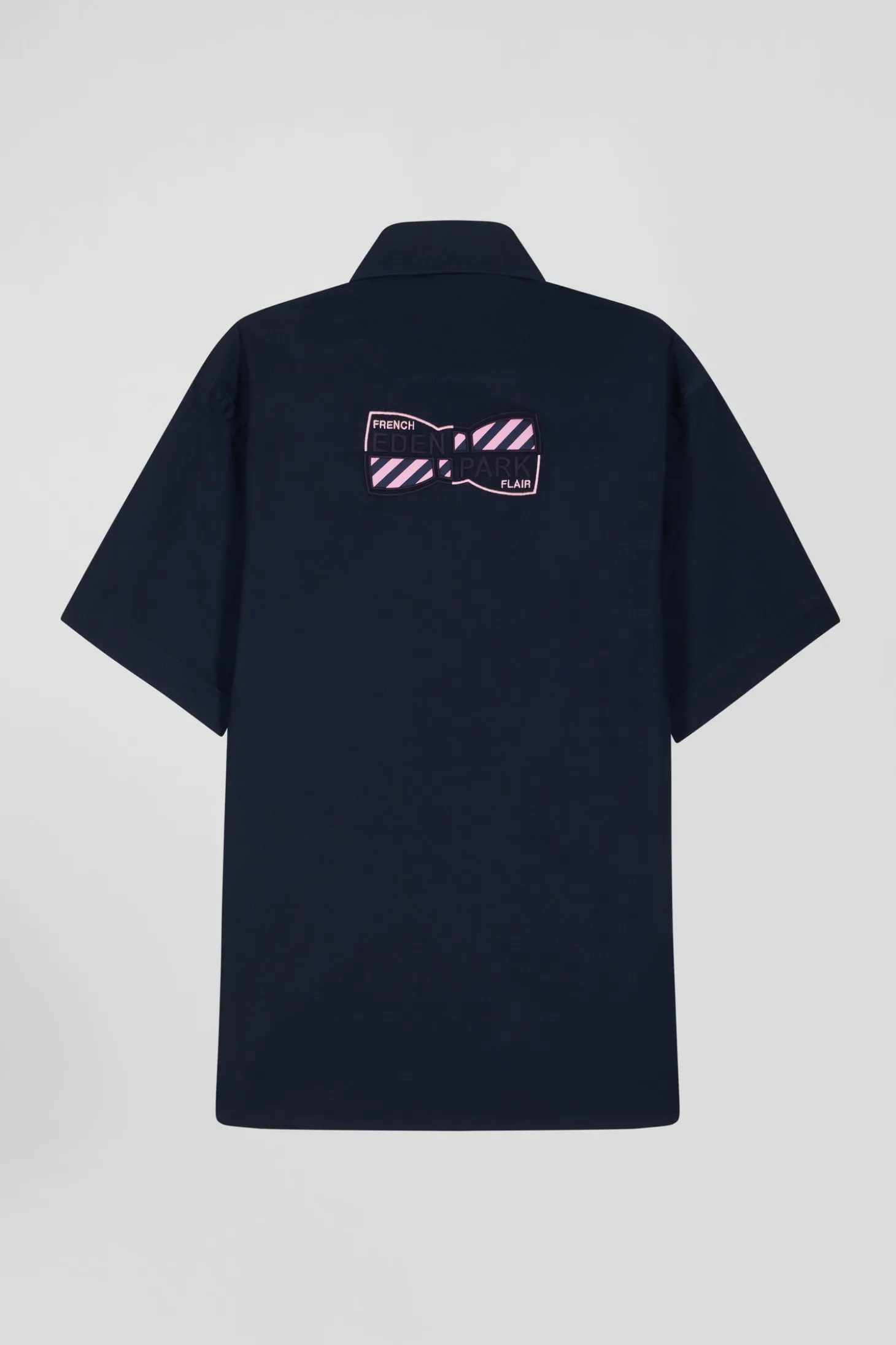 Regular navy blue cotton short-sleeved shirt with back embroidery