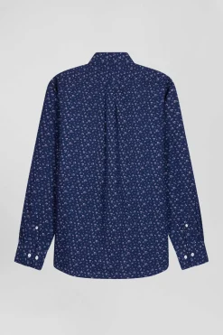 Regular navy blue cotton poplin shirt with micro floral print
