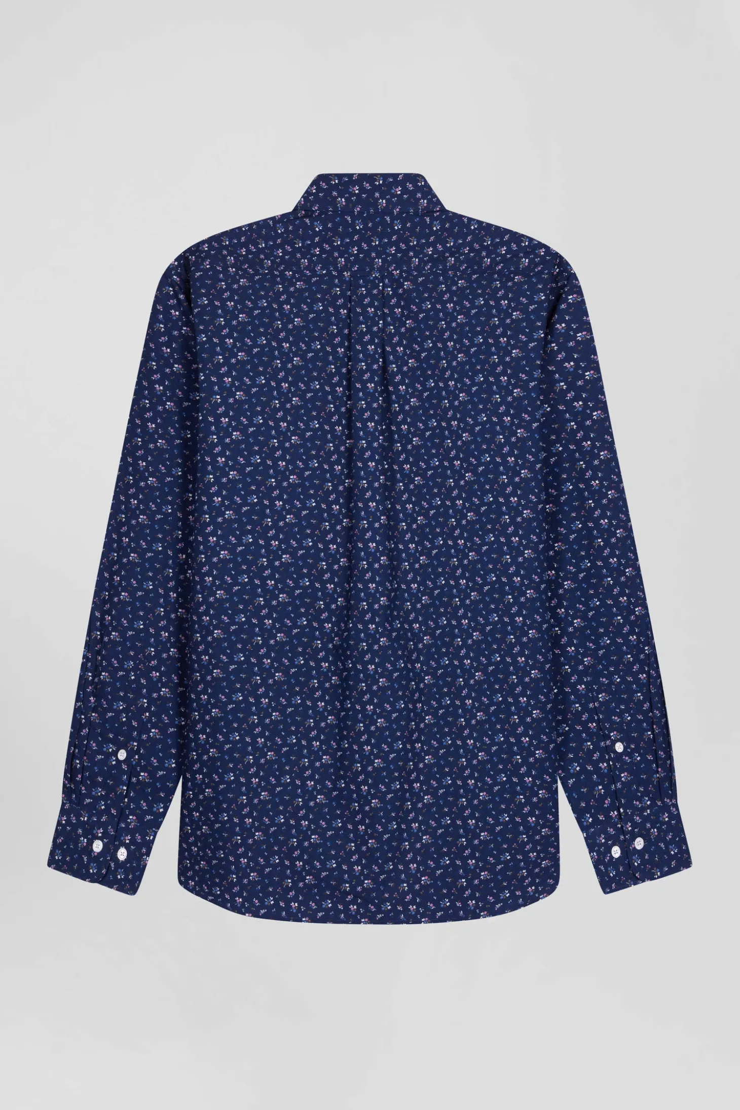 Regular navy blue cotton poplin shirt with micro floral print
