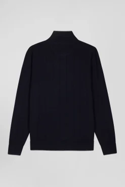 Regular navy blue cotton and cashmere jumper with rugby shirt collar