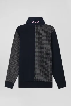 Regular navy blue cotton jumper with houndstooth jacquard and rugby shirt collar