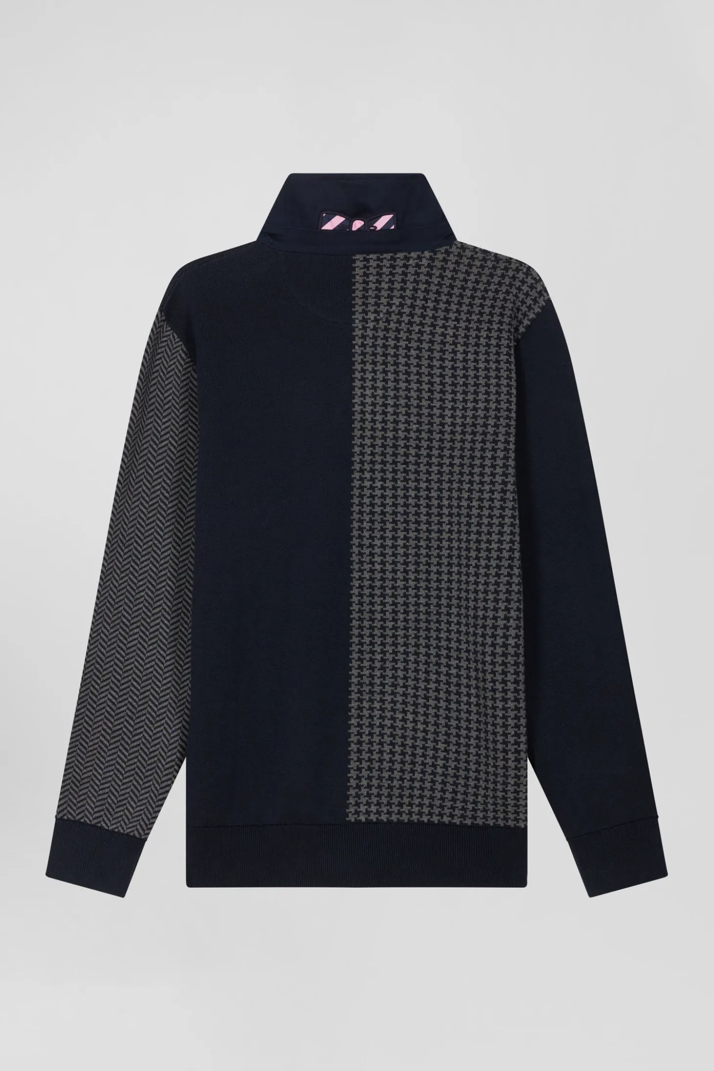 Regular navy blue cotton jumper with houndstooth jacquard and rugby shirt collar