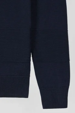 Regular navy blue cotton crew neck jumper with knit patterns