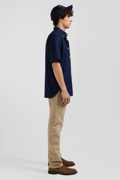 Regular navy blue cotton poplin short-sleeved shirt with microprint