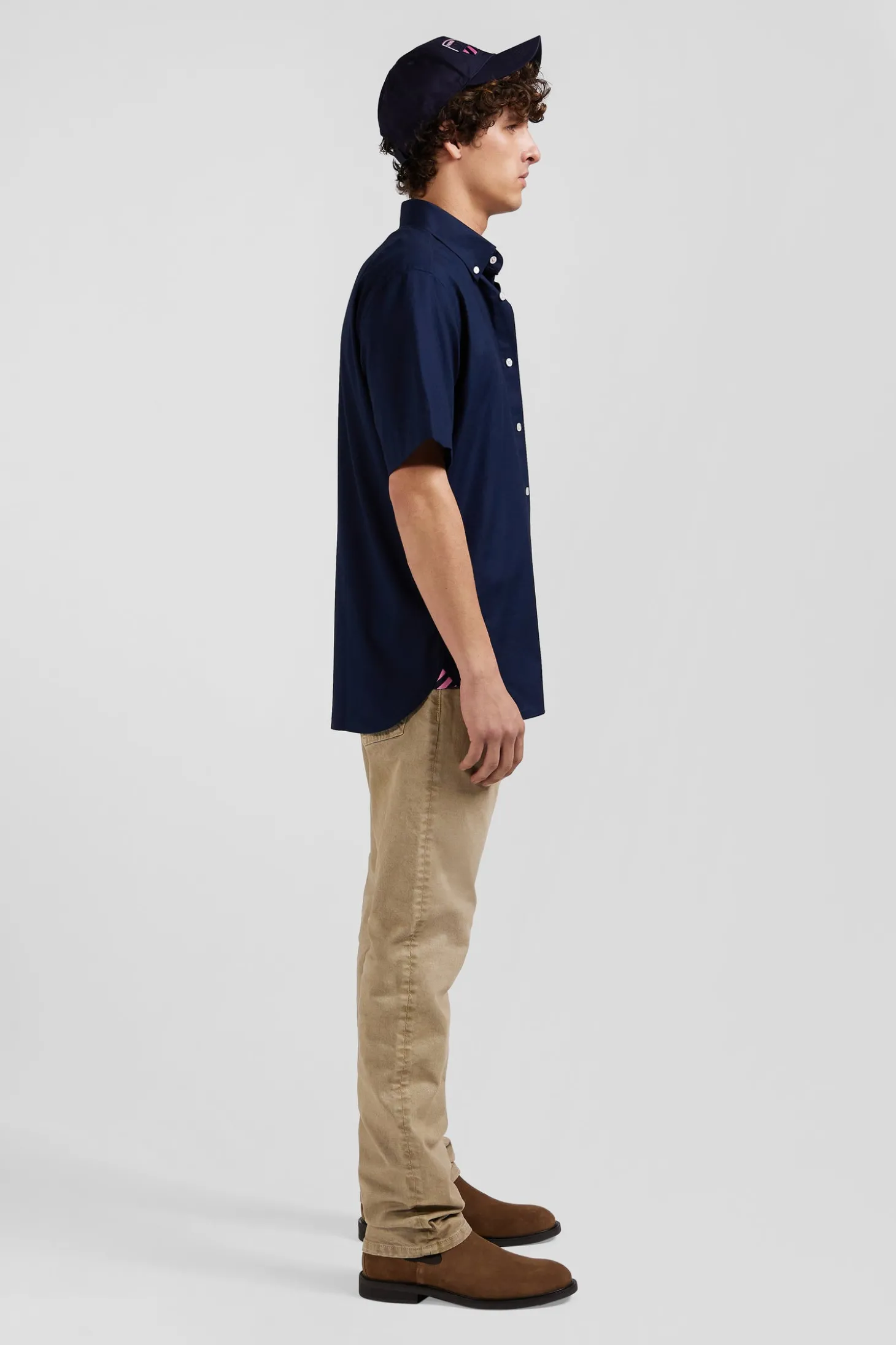 Regular navy blue cotton poplin short-sleeved shirt with microprint