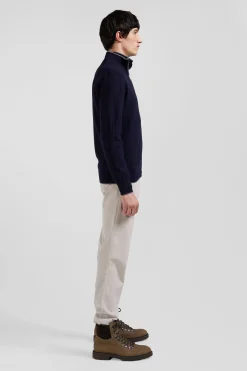 Regular navy blue cotton and cashmere zipped cardigan with vertical stripes