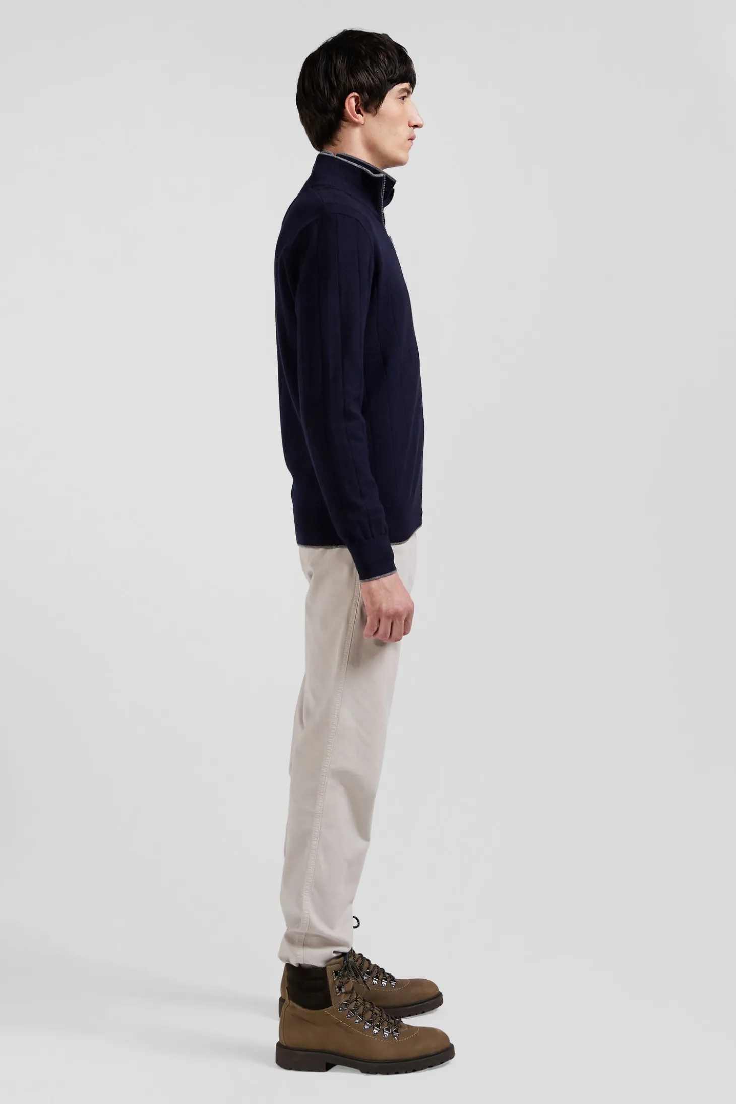 Regular navy blue cotton and cashmere zipped cardigan with vertical stripes