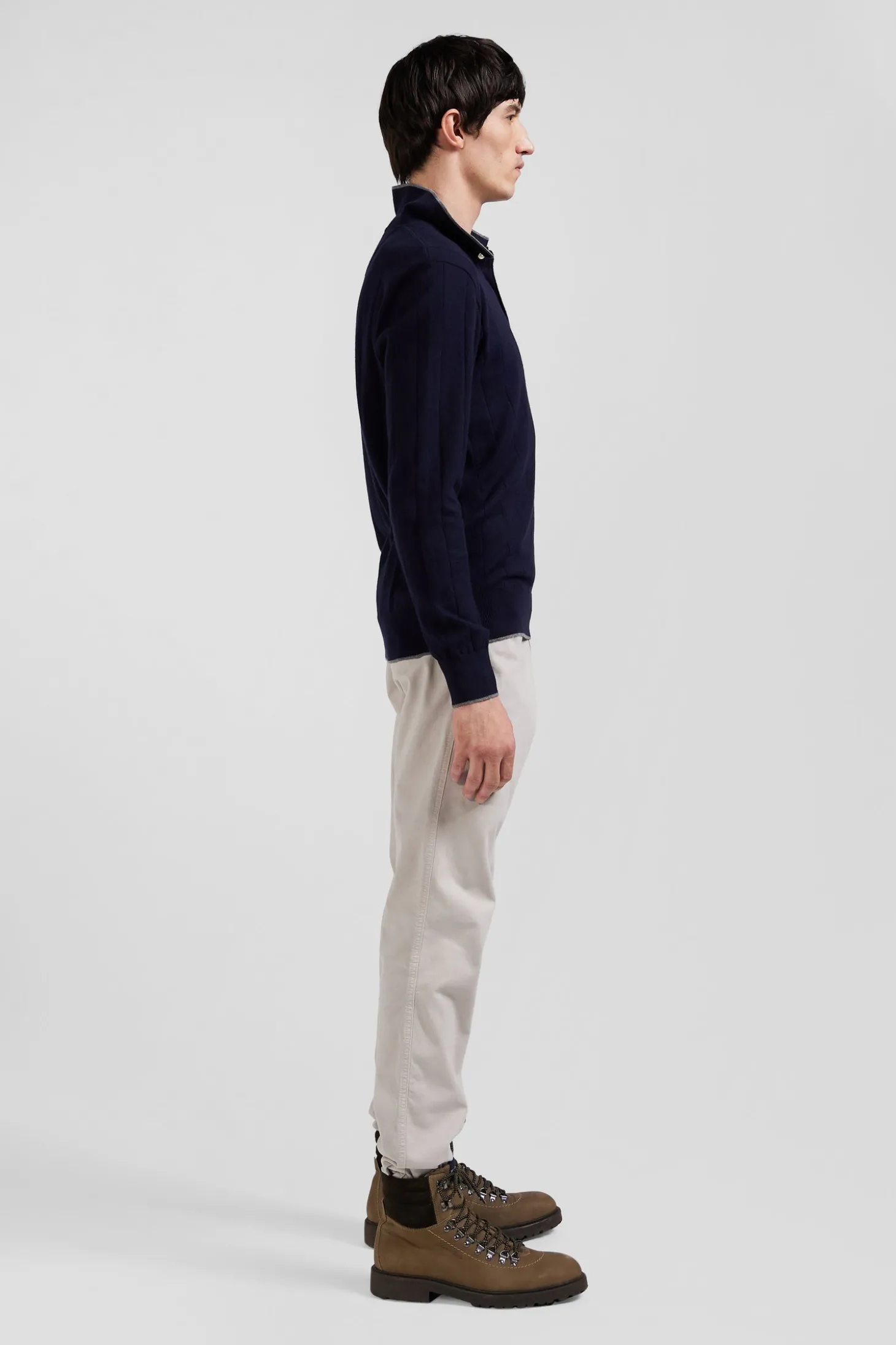 Regular navy blue cotton and cashmere jumper with rugby shirt collar