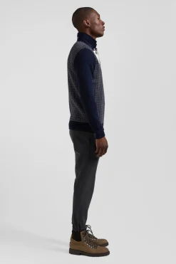 Regular navy blue cotton jumper with houndstooth jacquard and rugby shirt collar