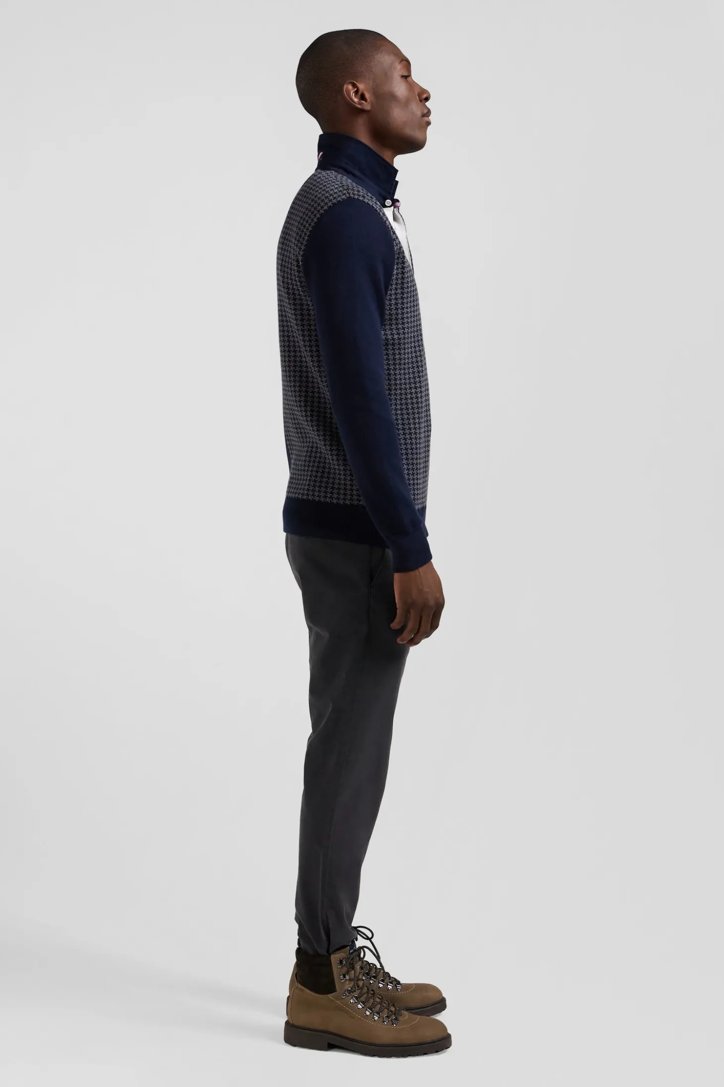 Regular navy blue cotton jumper with houndstooth jacquard and rugby shirt collar