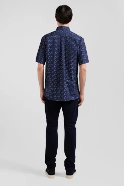 Regular navy blue cotton short-sleeved shirt with micro floral print