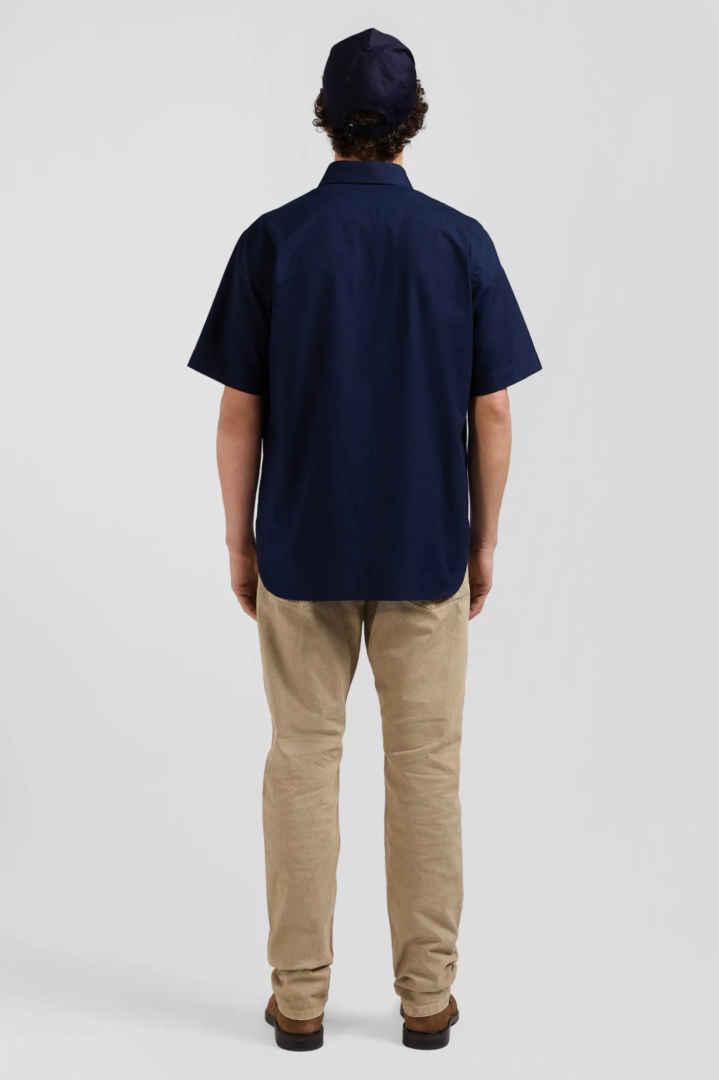 Regular navy blue cotton poplin short-sleeved shirt with microprint