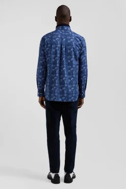 Regular navy blue cotton shirt with graphic print