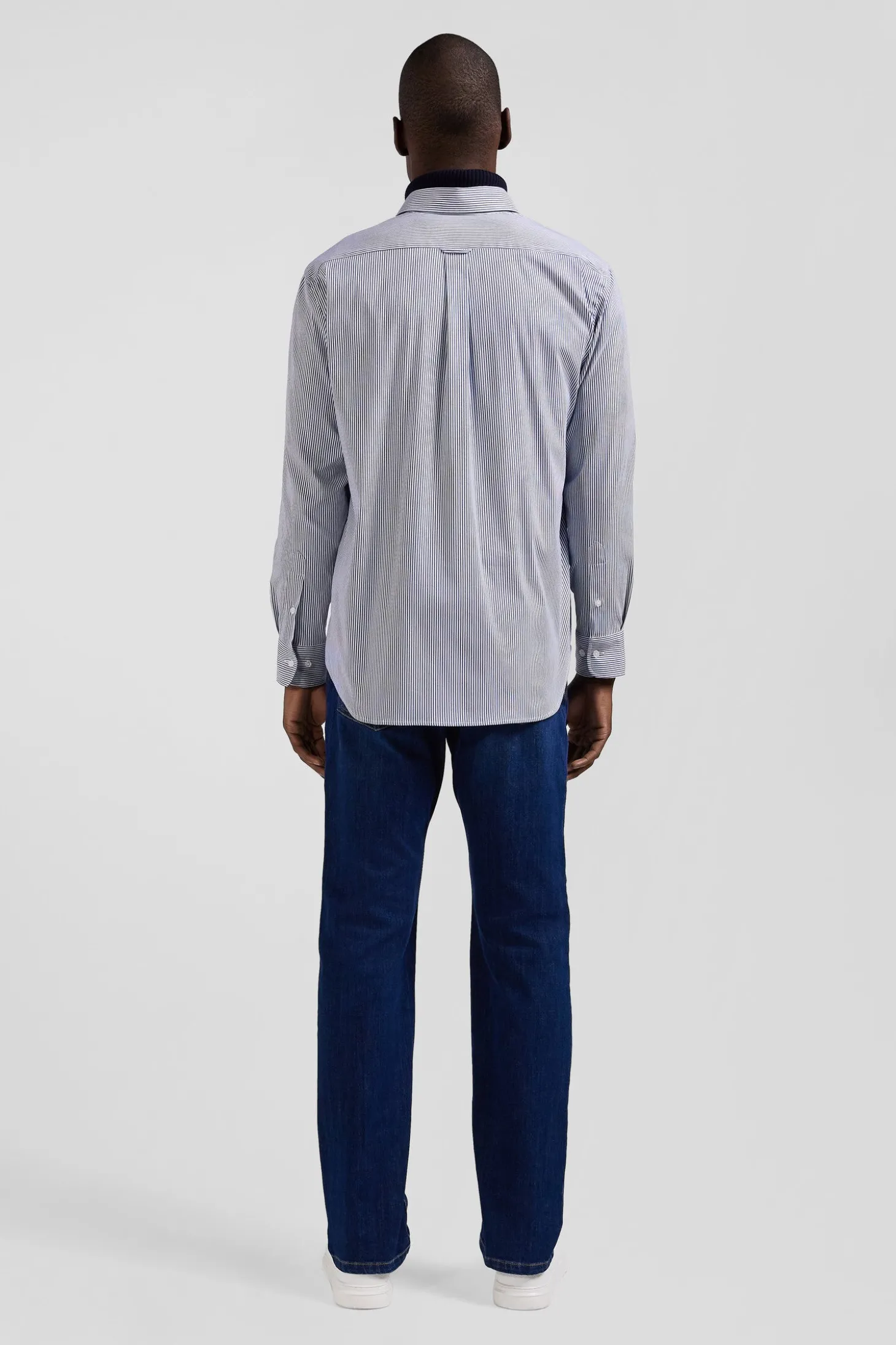 Regular navy blue cotton poplin shirt with baton stripes