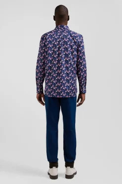 Regular navy blue cotton twill shirt with pink floral print
