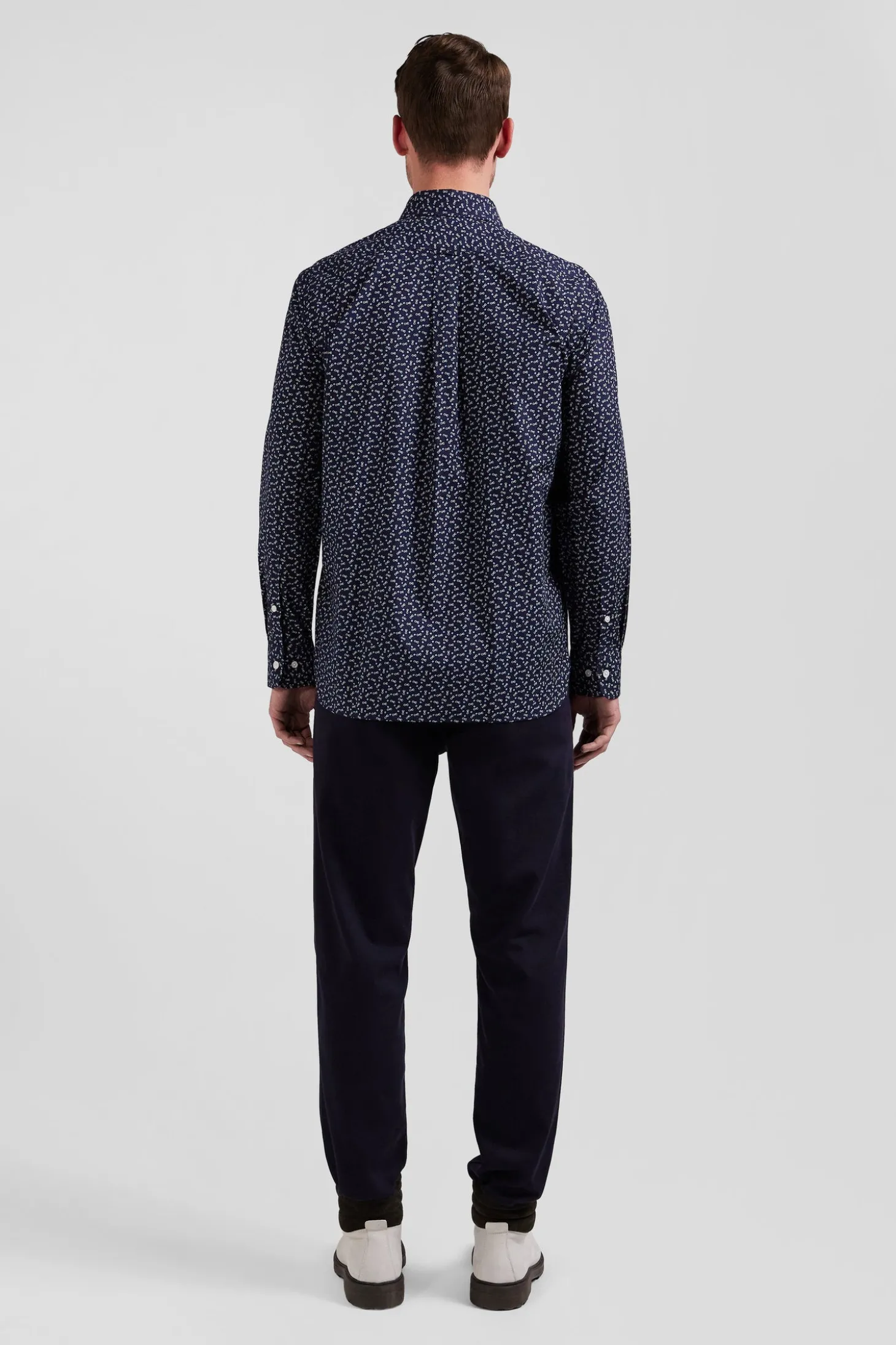 Regular navy blue cotton poplin shirt with micro bow tie print