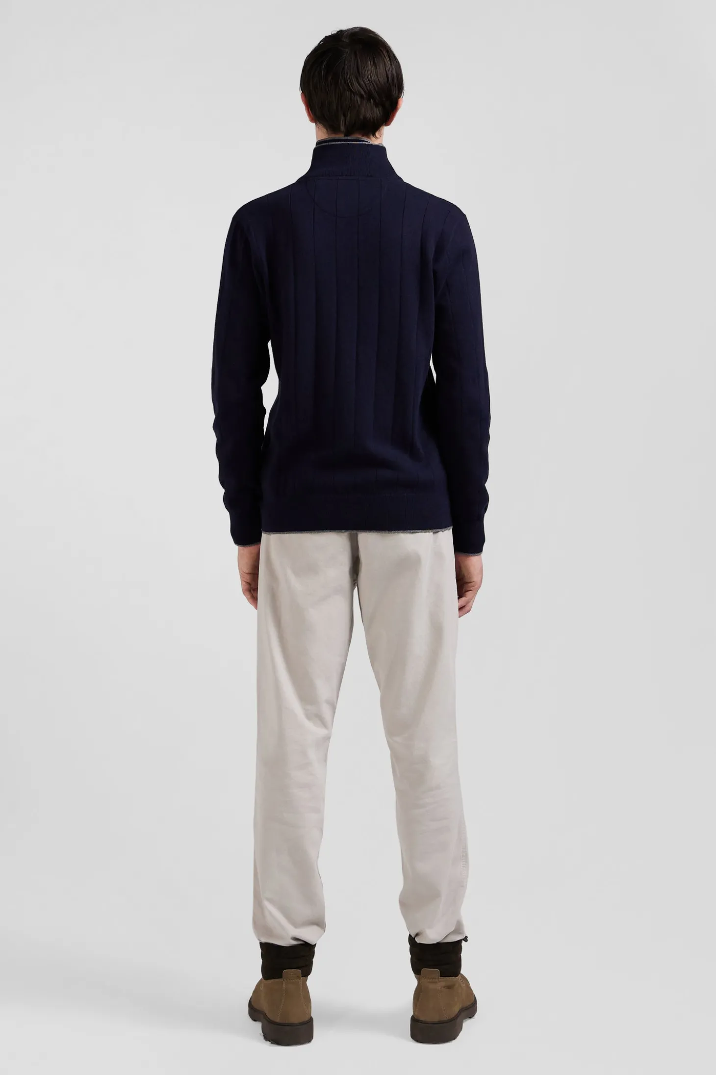 Regular navy blue cotton and cashmere zipped cardigan with vertical stripes
