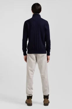 Regular navy blue cotton and cashmere jumper with rugby shirt collar