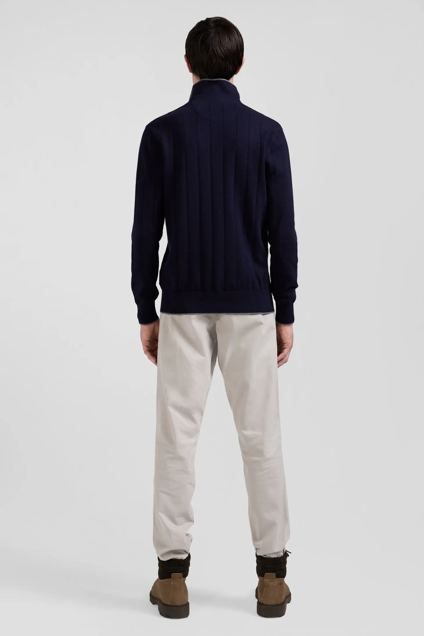 Regular navy blue cotton and cashmere jumper with rugby shirt collar