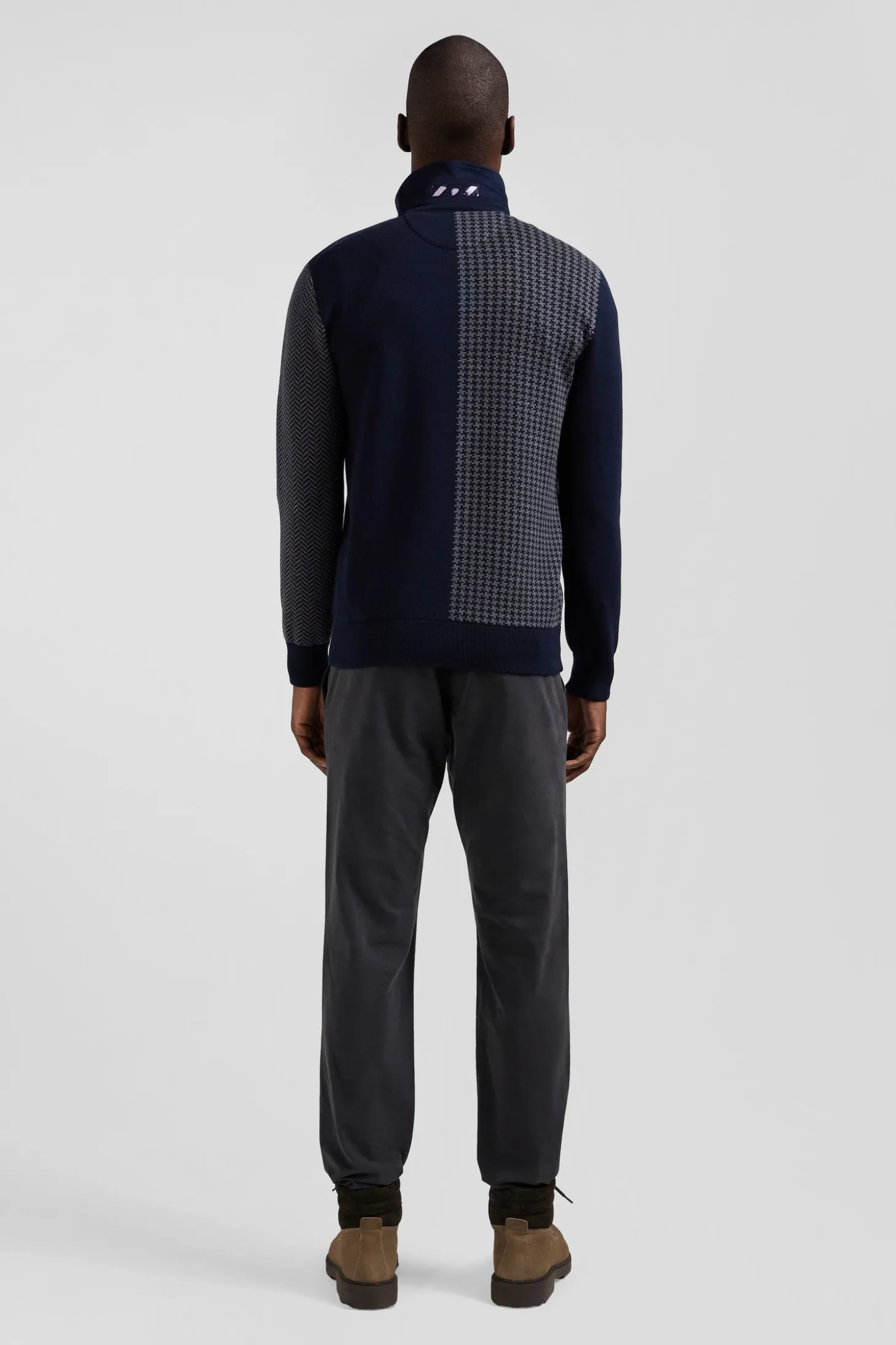 Regular navy blue cotton jumper with houndstooth jacquard and rugby shirt collar