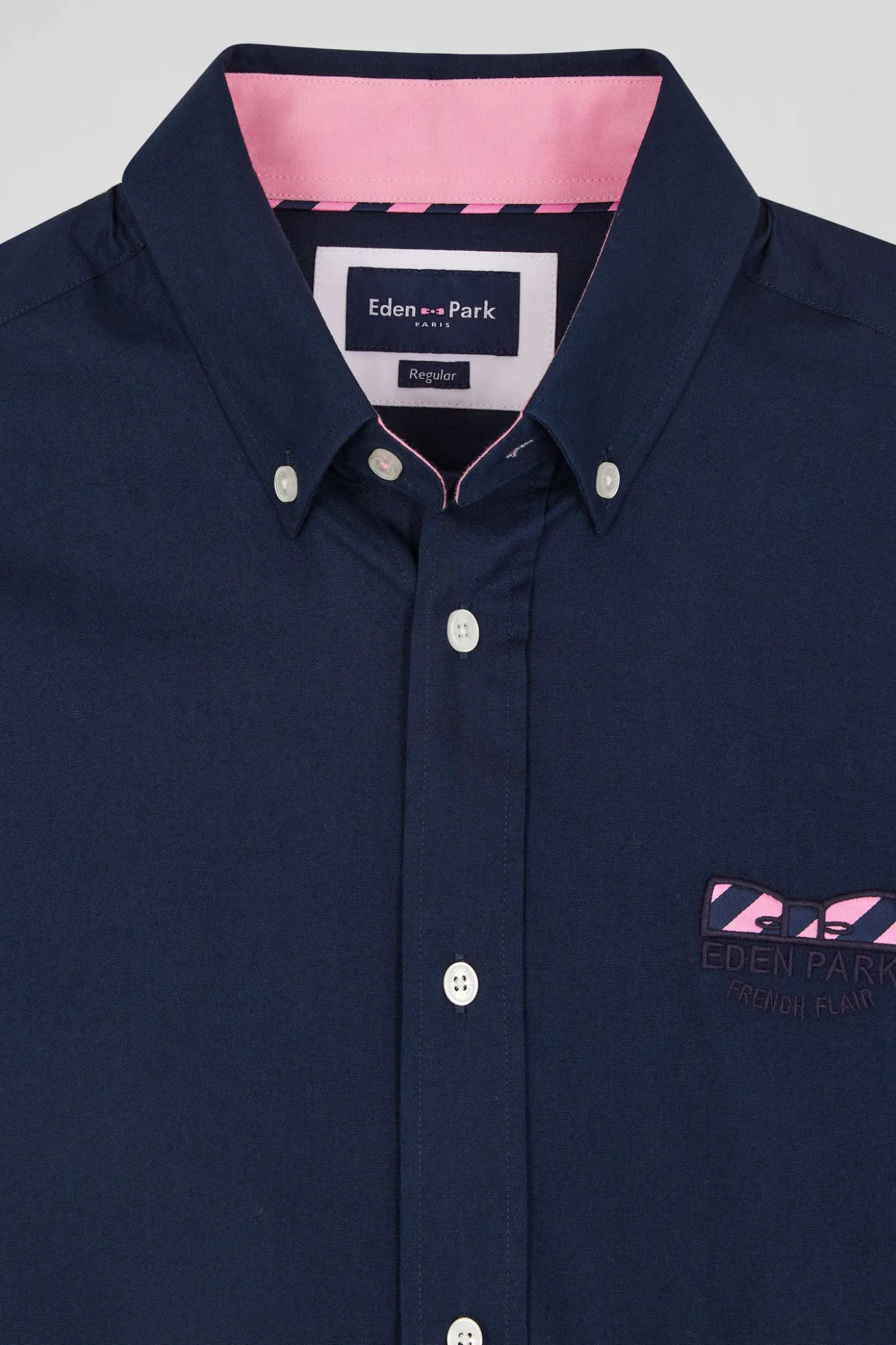 Regular navy blue cotton poplin short-sleeved shirt with microprint