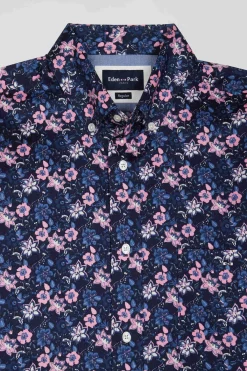 Regular navy blue cotton twill shirt with pink floral print