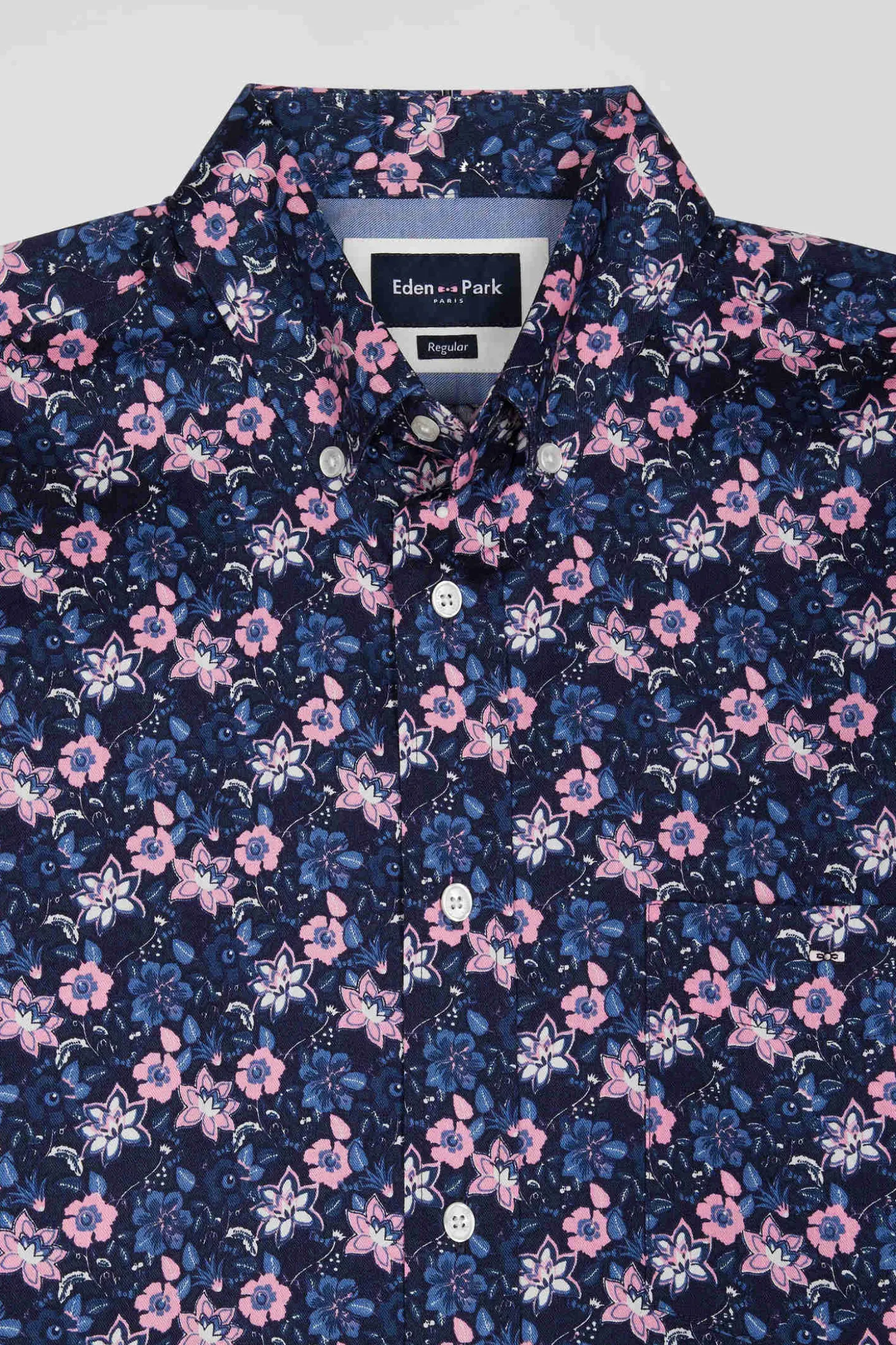 Regular navy blue cotton twill shirt with pink floral print