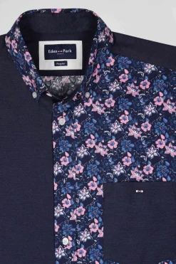 Regular navy blue cotton twill shirt with micro floral print