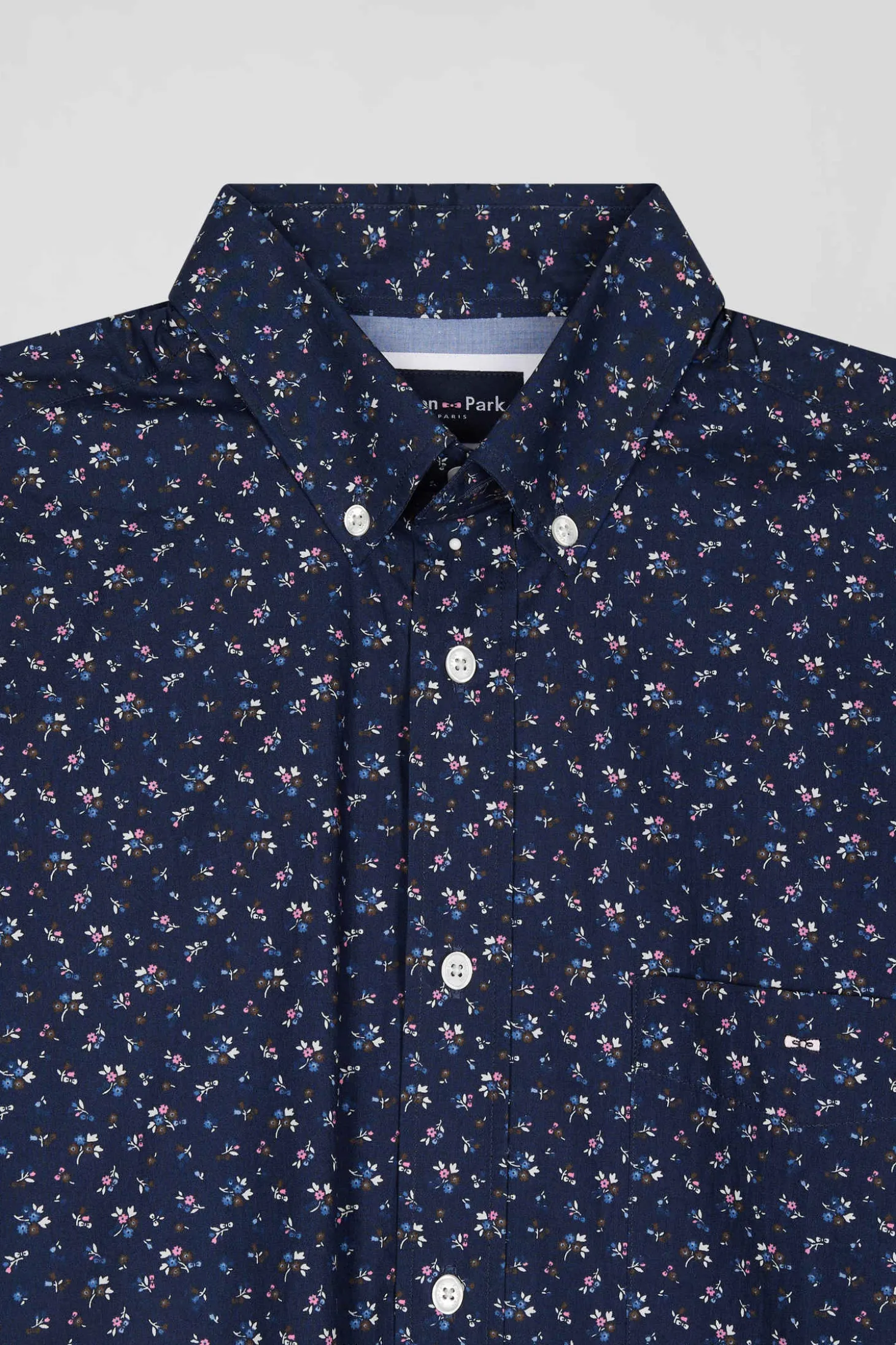 Regular navy blue cotton poplin shirt with micro floral print