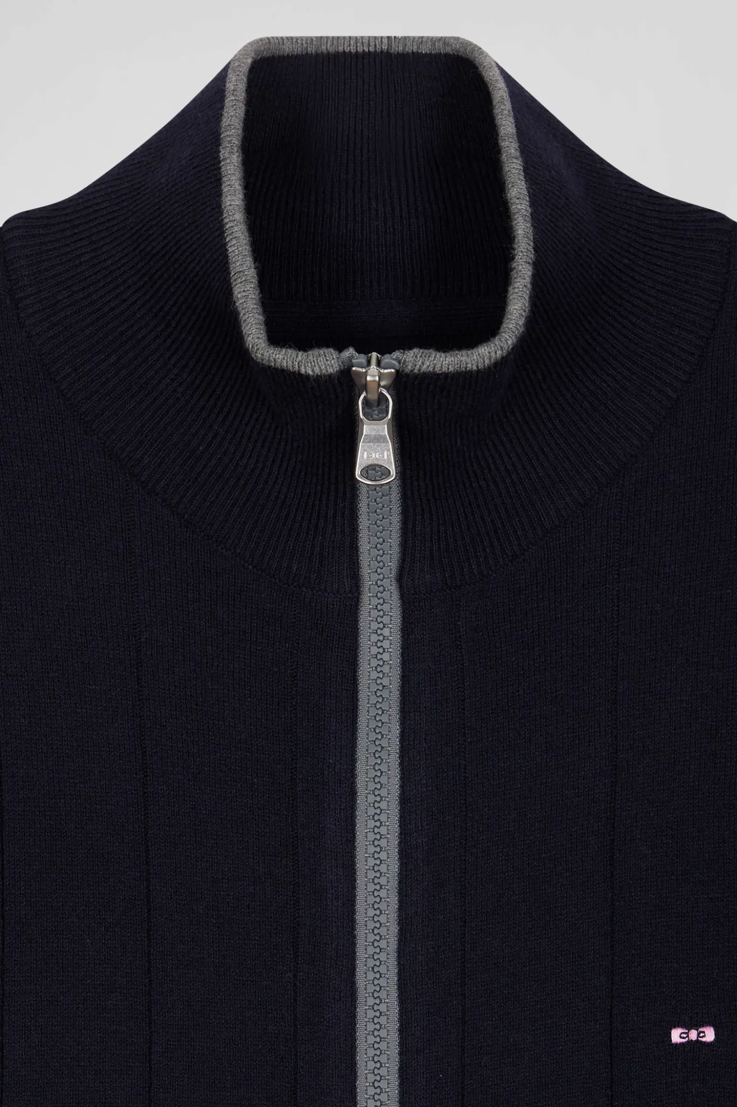 Regular navy blue cotton and cashmere zipped cardigan with vertical stripes