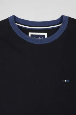 Regular navy blue cotton T-shirt with short contrasting sleeves