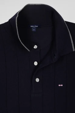Regular navy blue cotton and cashmere jumper with rugby shirt collar