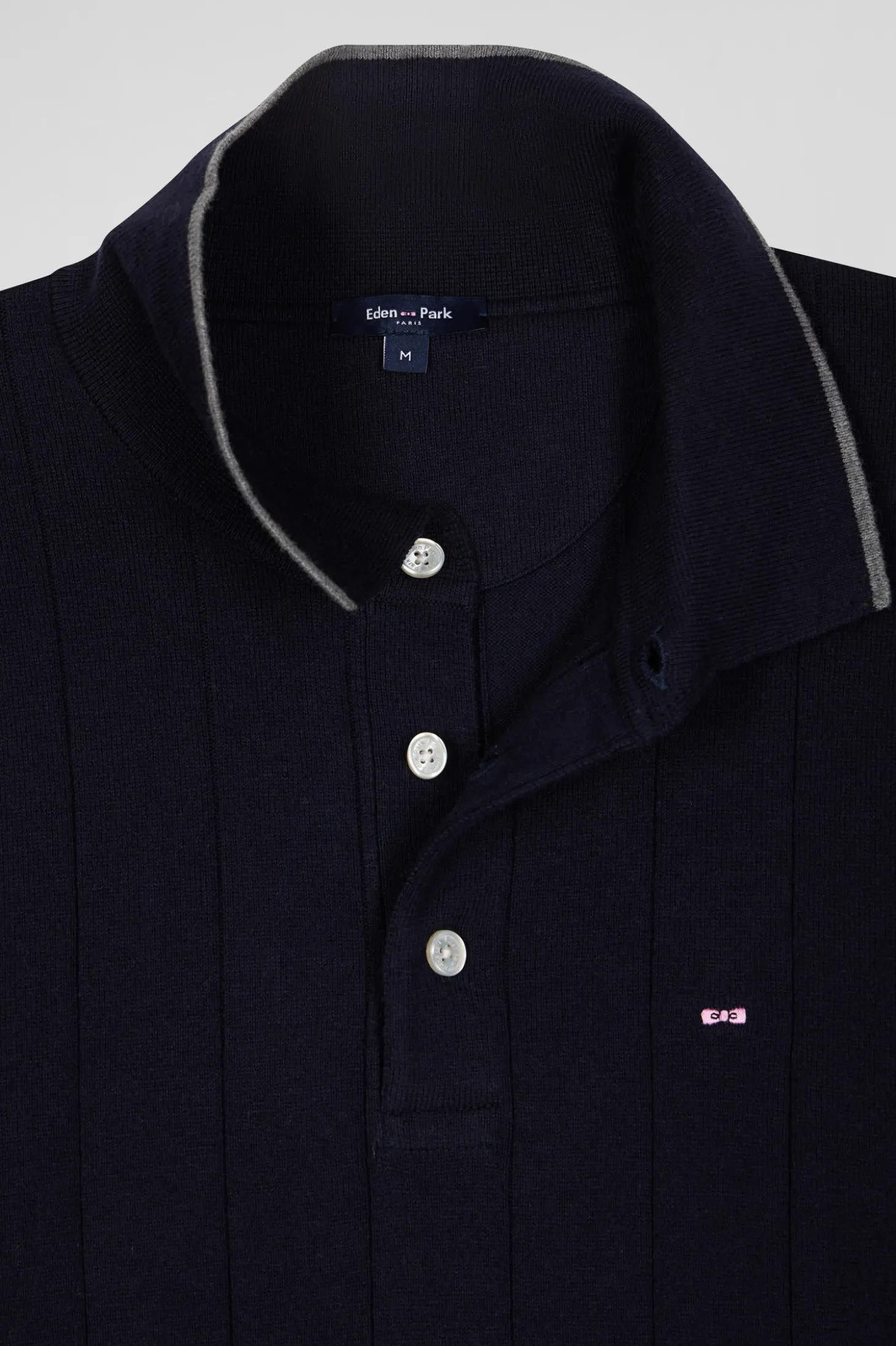 Regular navy blue cotton and cashmere jumper with rugby shirt collar