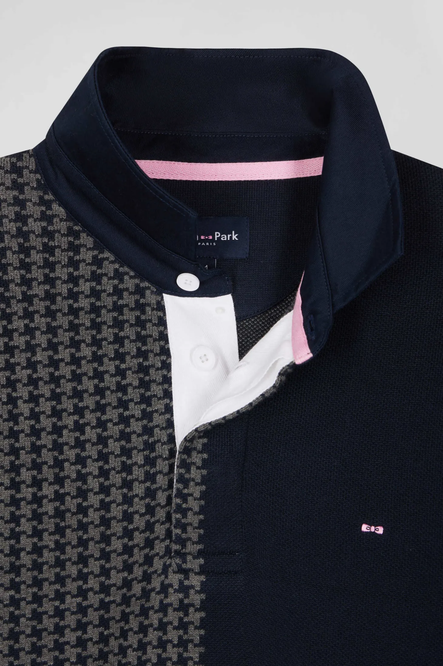 Regular navy blue cotton jumper with houndstooth jacquard and rugby shirt collar