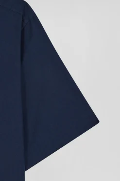 Regular navy blue cotton poplin short-sleeved shirt with microprint