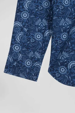 Regular navy blue cotton shirt with graphic print