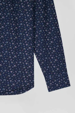 Regular navy blue cotton poplin shirt with micro floral print