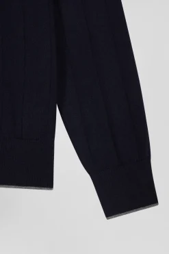 Regular navy blue cotton and cashmere zipped cardigan with vertical stripes