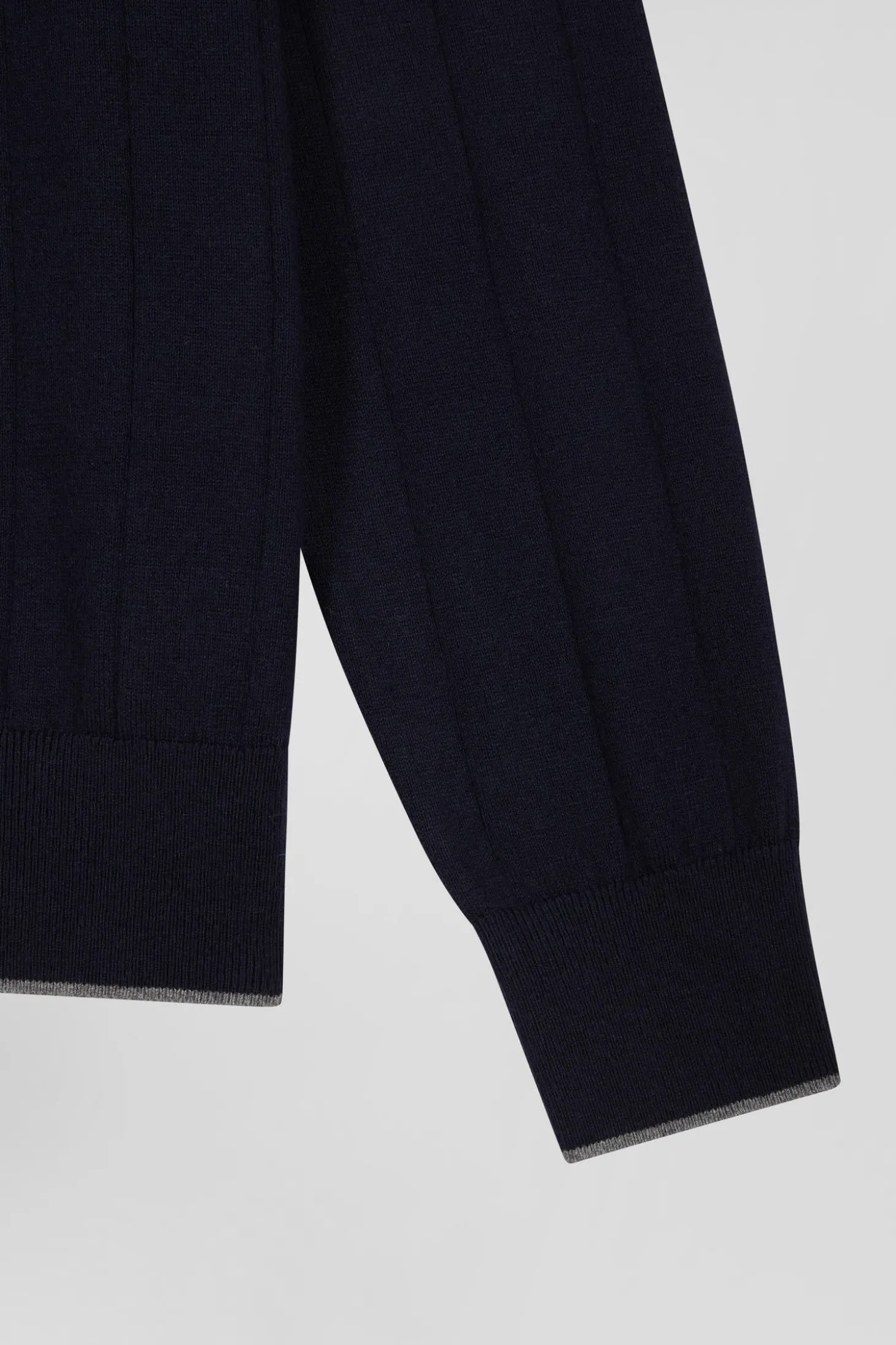 Regular navy blue cotton and cashmere zipped cardigan with vertical stripes