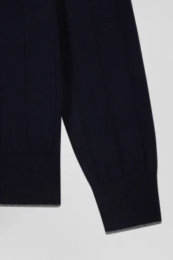 Regular navy blue cotton and cashmere jumper with rugby shirt collar