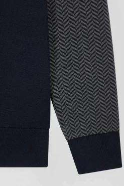 Regular navy blue cotton jumper with houndstooth jacquard and rugby shirt collar