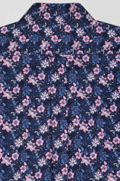 Regular navy blue cotton twill shirt with pink floral print