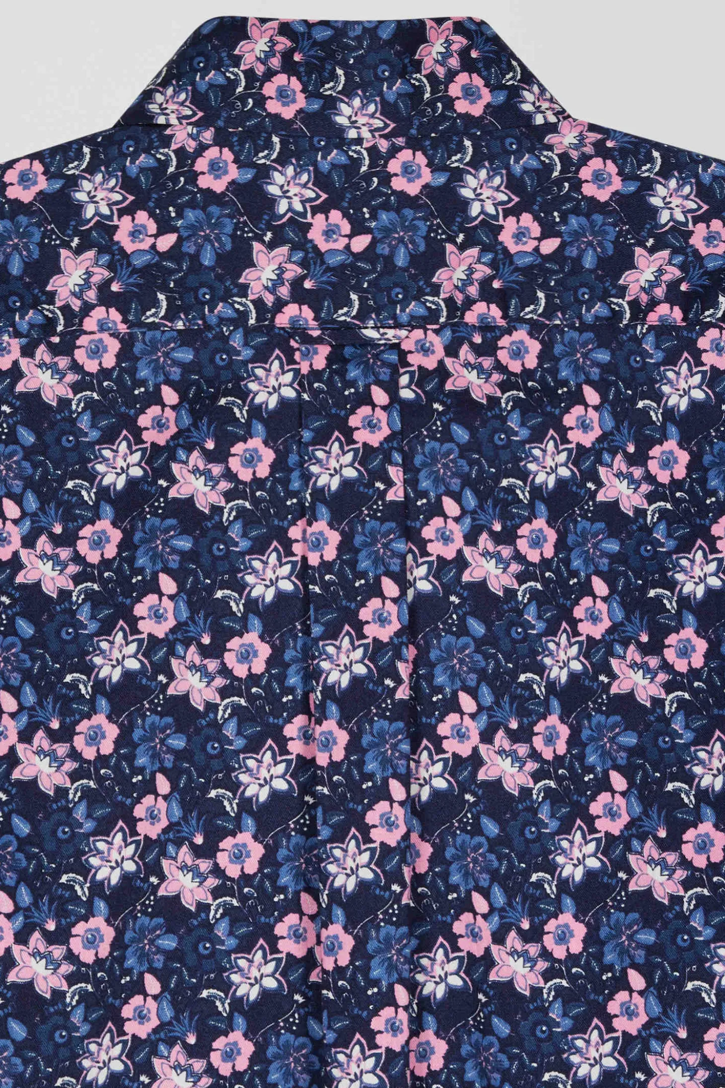Regular navy blue cotton twill shirt with pink floral print
