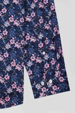 Regular navy blue cotton twill shirt with micro floral print